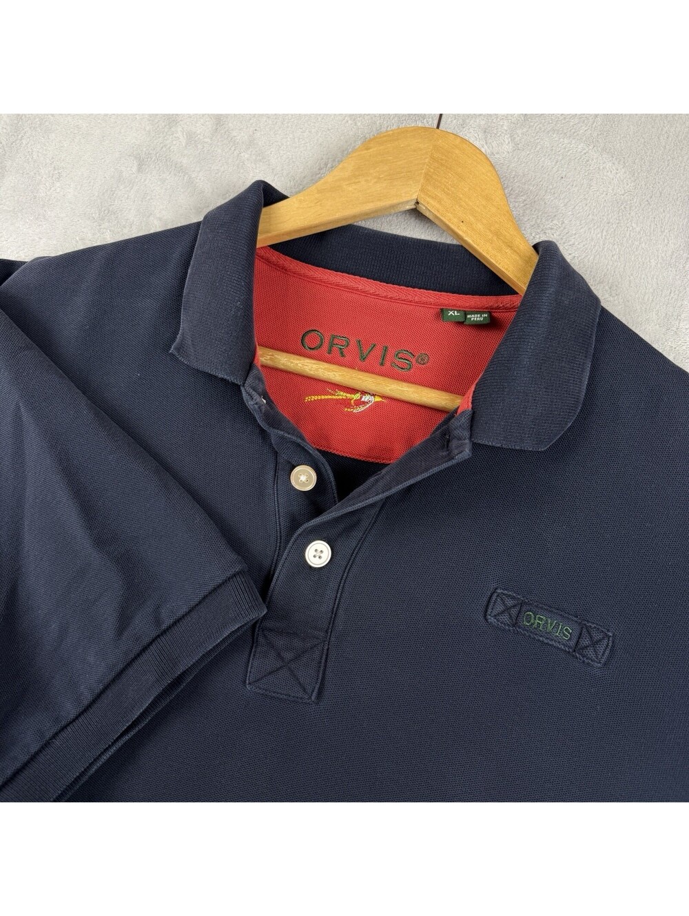 Orvis Navy Blue Short Sleeve Polo Shirt Men’s XL Red Contrast Fishing Embroidery